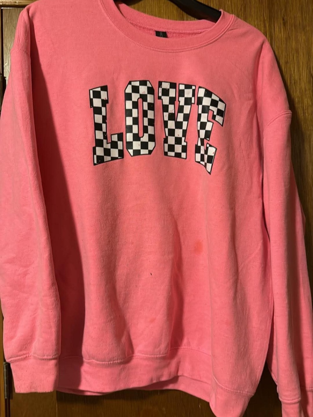 Pink 'LOVE' Checkerboard Graphic Sweatshirt - Women